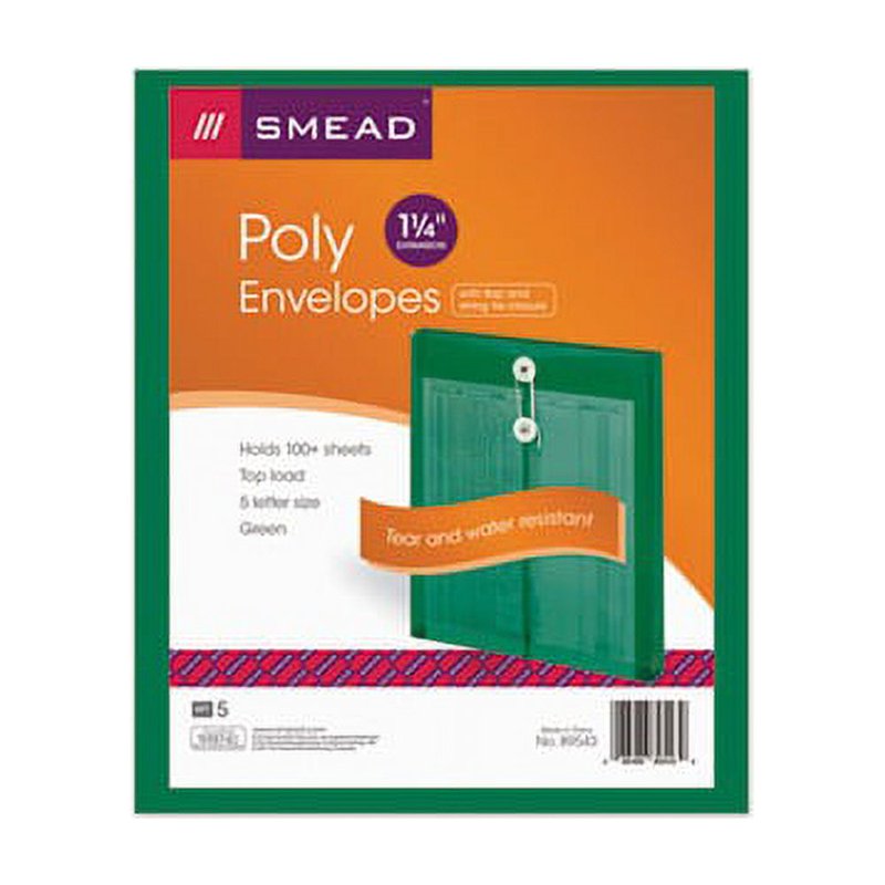 Poly Envelope with String-Tie Closure, Green, 5 Pack - Acid-Free & Water-Resistant Office Storage