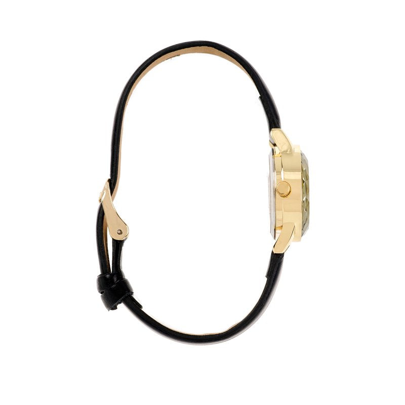Gold Tone Cushion Case Watch for Women with Faceted Bezel and Leather Strap