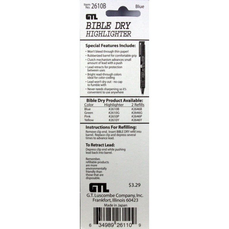 Bible Highlighter Pen - Blue Ink, Dry Marker for Text Marking