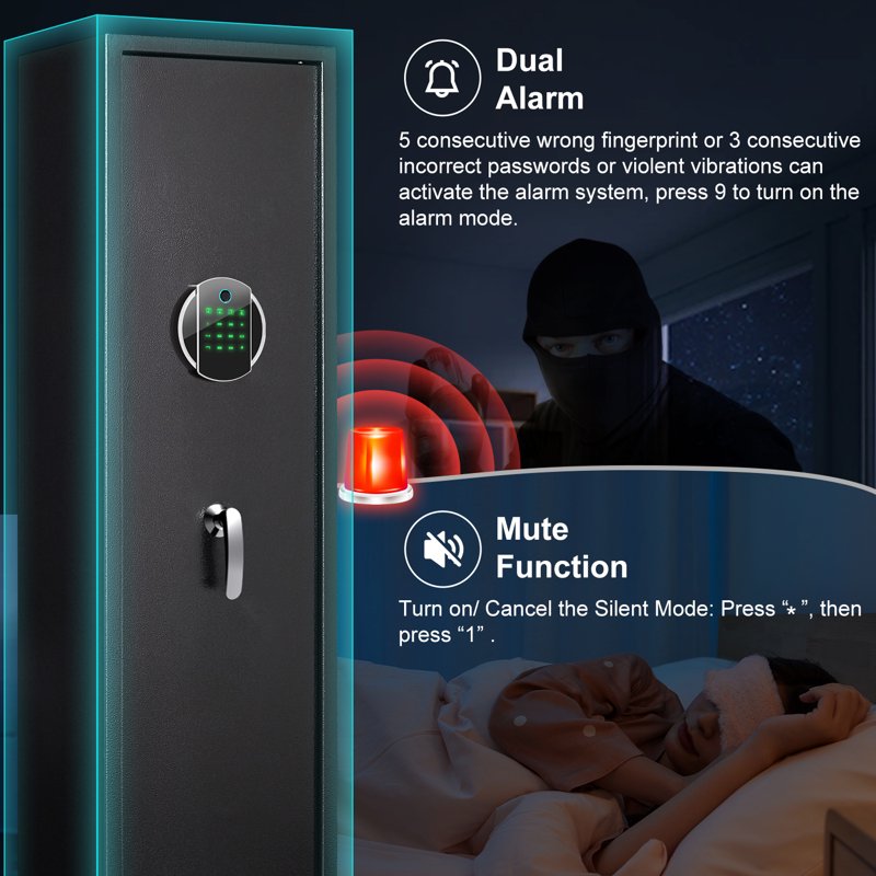 Home Gun Safe with Fingerprint & Key Lock, Adjustable Shelf, Alarm System