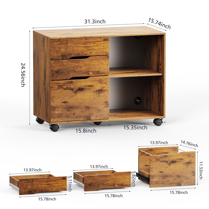 3-Drawer Rolling File Cabinet with Lock - Under Desk Office Storage