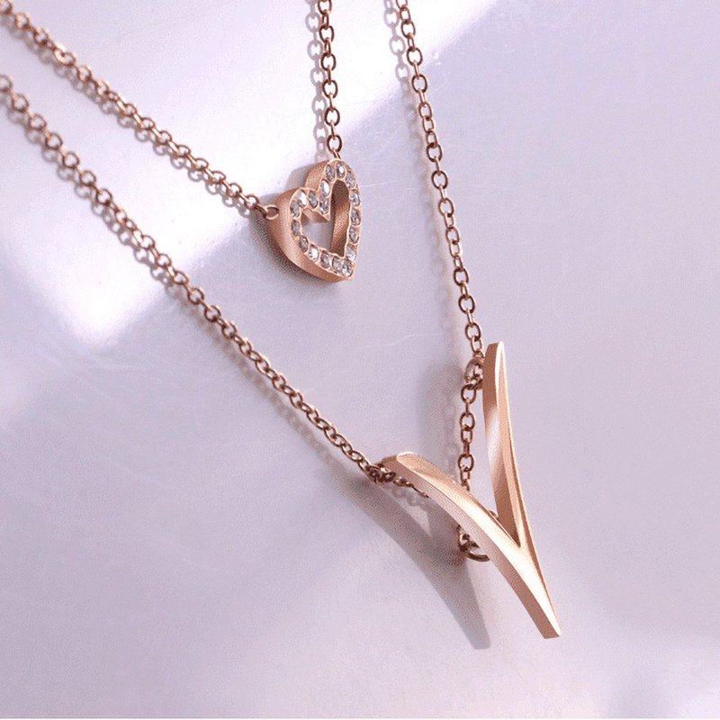 Rose Gold Layered V Heart Pendant Necklace for Women - Gift Box Included