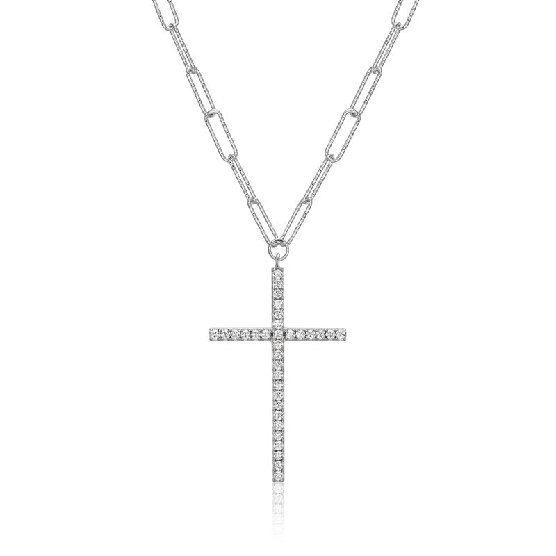 Sterling Silver Paperclip Necklace with CZ Cross, 18" + 2" Extender