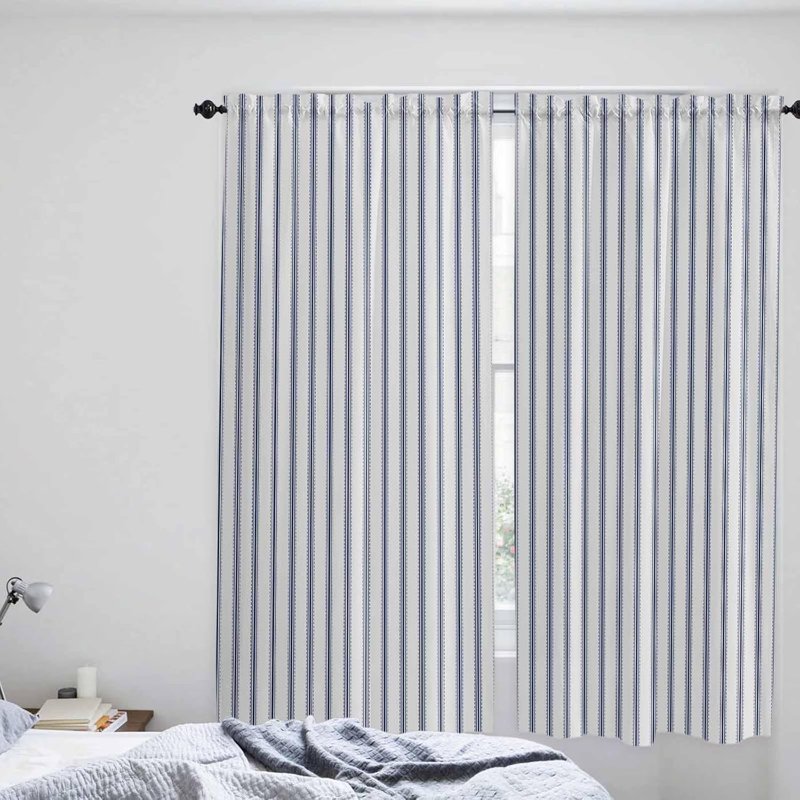 Navy Blue Striped Window Curtains - Farmhouse Style 2 Panels for Kitchen & Living Room