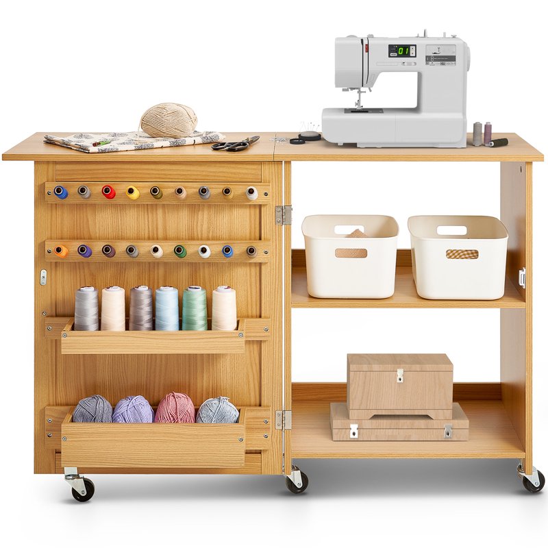 Foldable Sewing Table with Storage Racks Casters and Shutters - Versatile Craft Desk