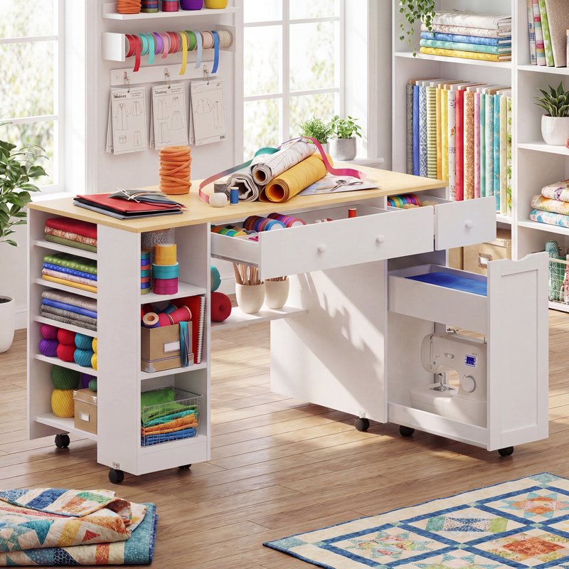 Rolling Sewing Craft Table with Storage Drawer & Lockable Wheels
