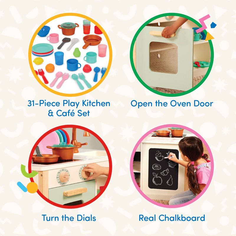 Wooden Kitchen Playset with Chalkboard and Accessories - Toddler Pretend Cooking & Café Set