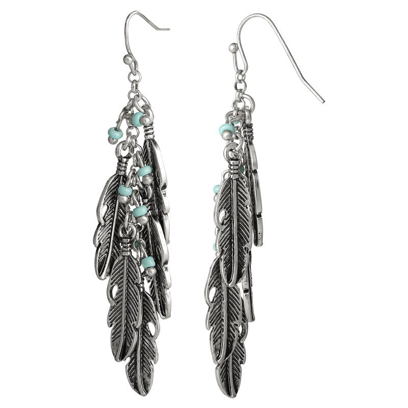 Women’s Feather and Faux Turquoise Dangle Earrings - Boho Style Jewelry