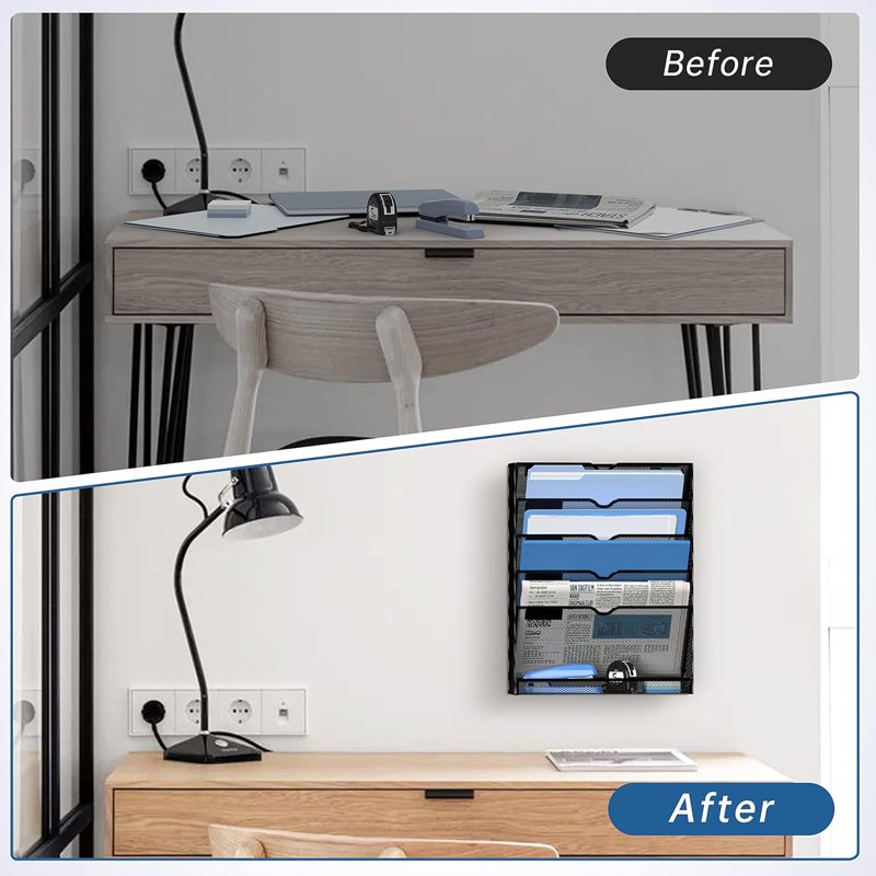Metal Wall File Organizer 6-Tier Hanging Paper Storage with Hooks
