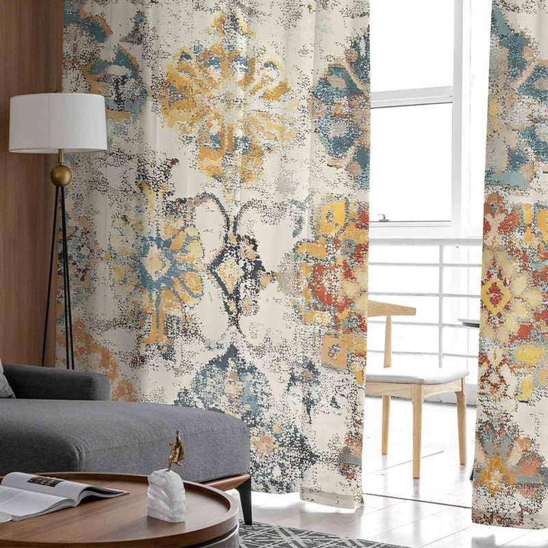 Farmhouse Semi Sheer Curtains Set - Boho Abstract Textured Window Drapes
