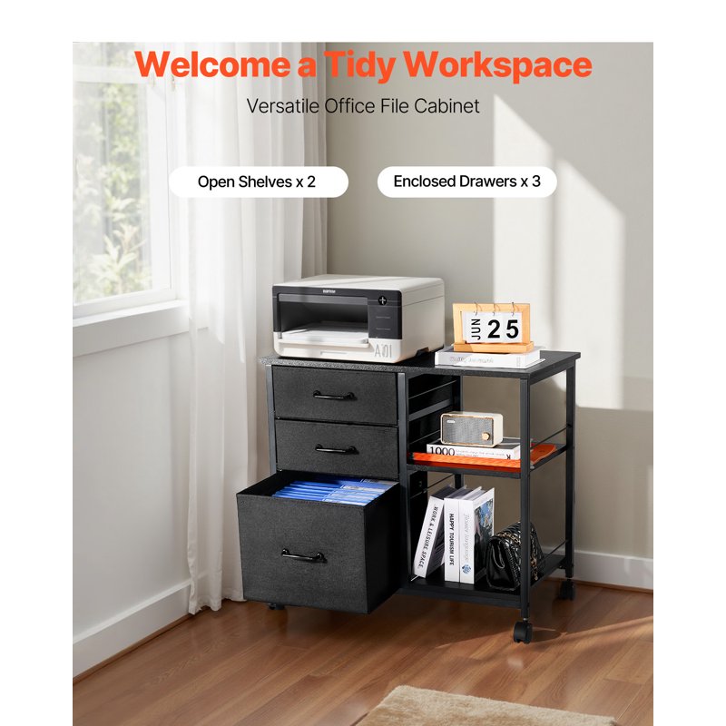 Metal File Cabinet with 3 Fabric Drawers and Open Shelves - Mobile Office Storage