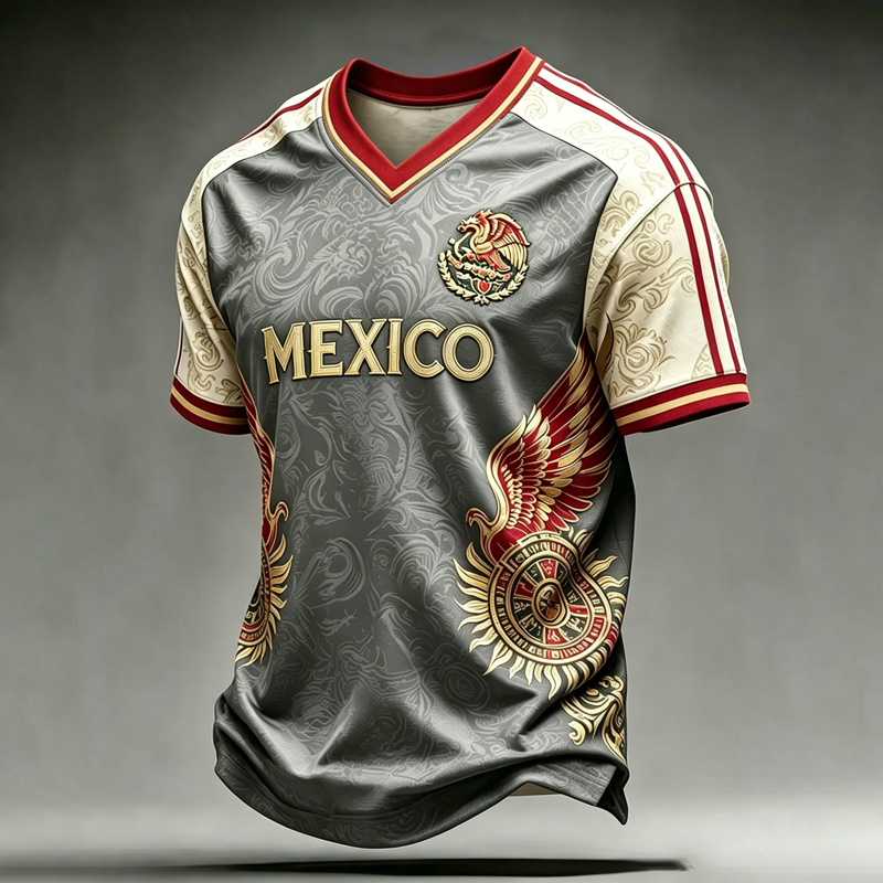 LNZGNM 2026 Mexico Soccer Jersey - Men’s Gray M V-Neck Fan Shirt for Game Day