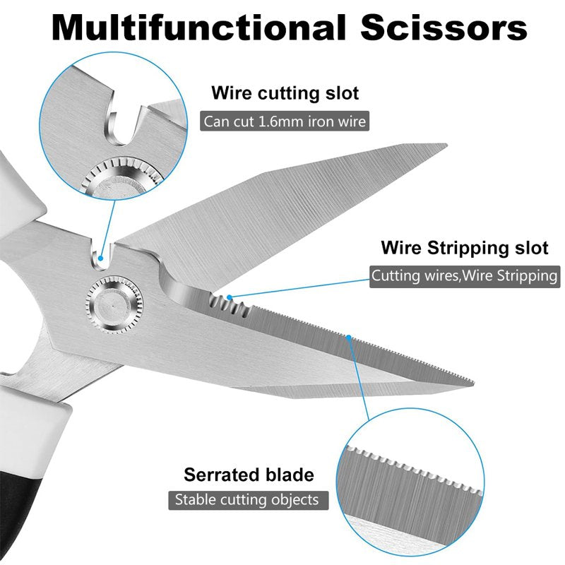 Jonce 8 Inch Heavy Duty Scissors - Ultra Sharp Serrated Stainless Steel with Protective Cover, White