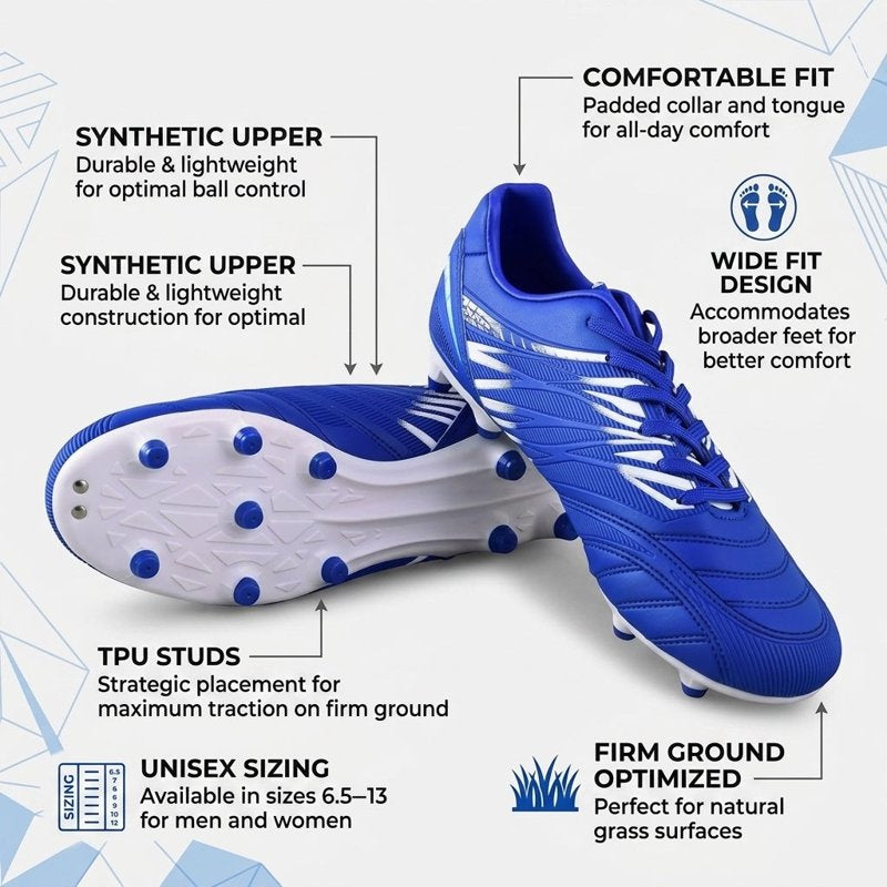 Vizari Valencia FG Soccer Cleats - Wide Fit Men & Women Royal White 10
