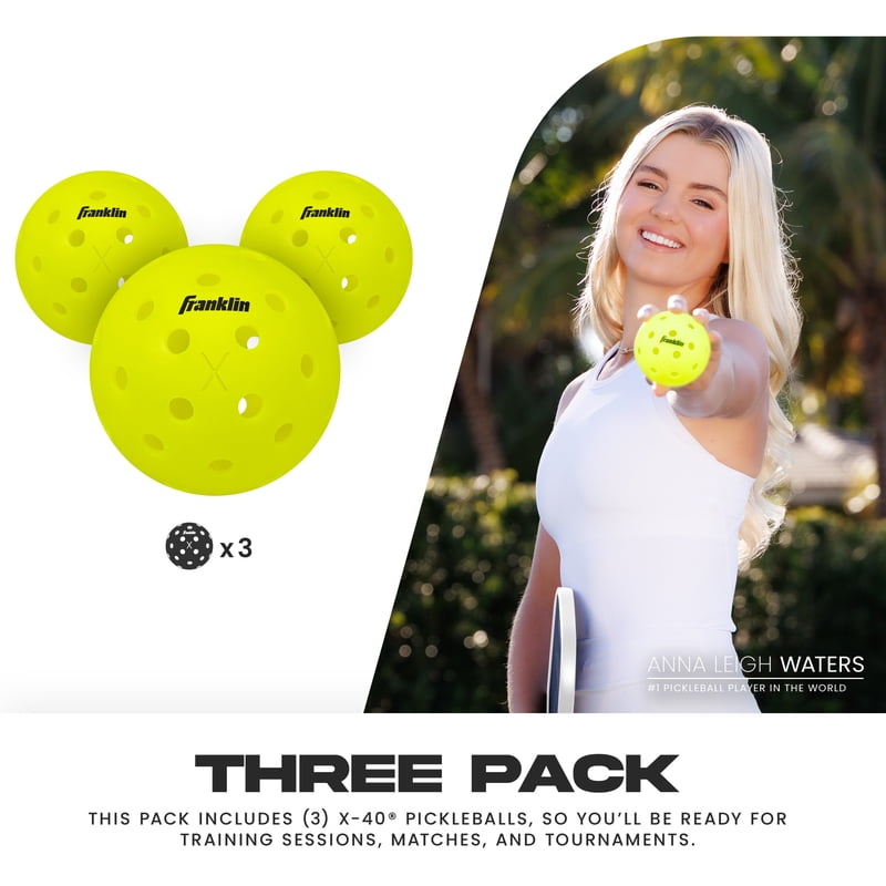 X-40 Outdoor Pickleballs - Official Size, Yellow - 3 Pack, Franklin Sports