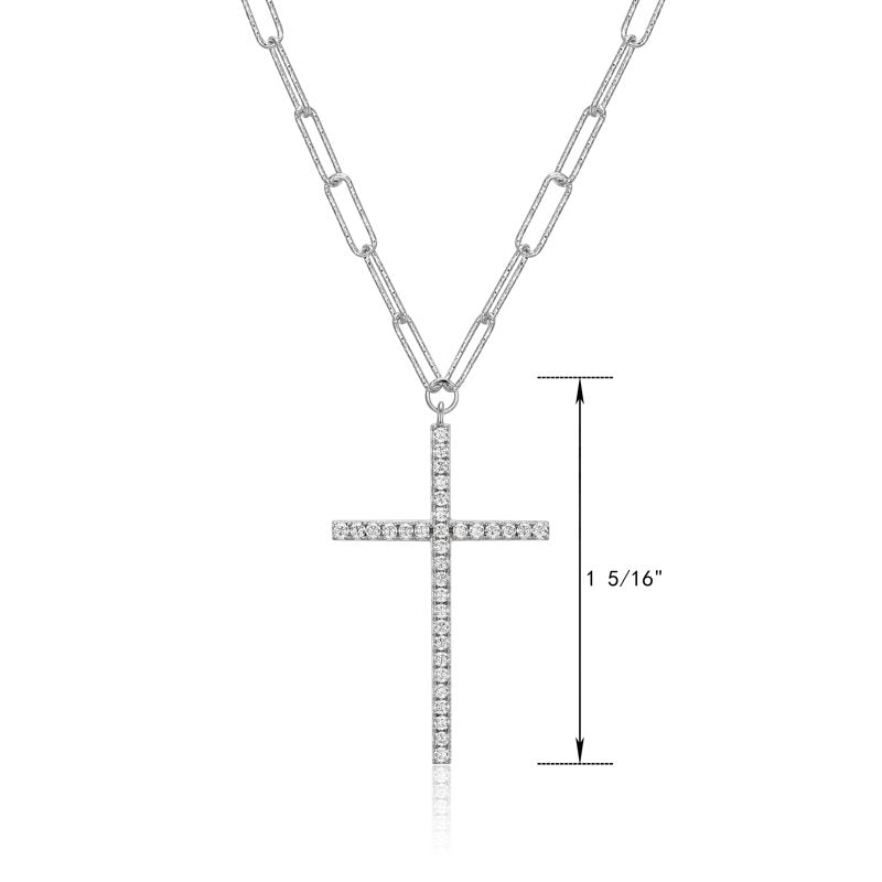 Sterling Silver Paperclip Necklace with CZ Cross, 18" + 2" Extender