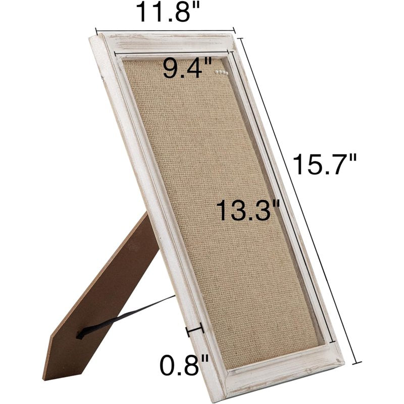 Small Desk Bulletin Board with Rustic White Frame & Linen Pin Surface - 12x16 Inches