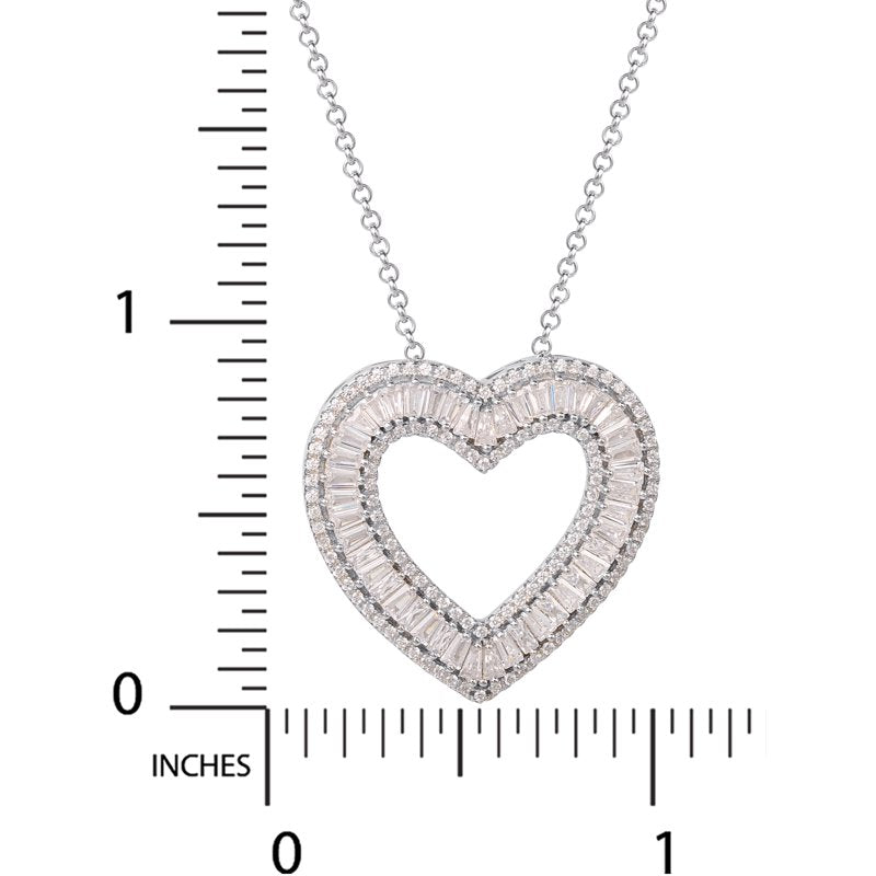 Sterling Silver Heart Pendant Necklace with Simulated Diamonds - 18 Inch Chain