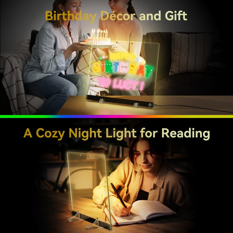 Multi-Color LED Acrylic Message Board Light Up Dry Erase Note Board with Stand & Markers