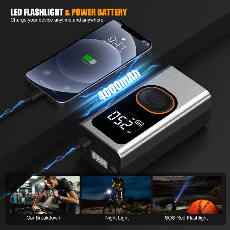 Cordless Tire Inflator Portable Air Compressor with Digital Pressure Gauge & LED Light
