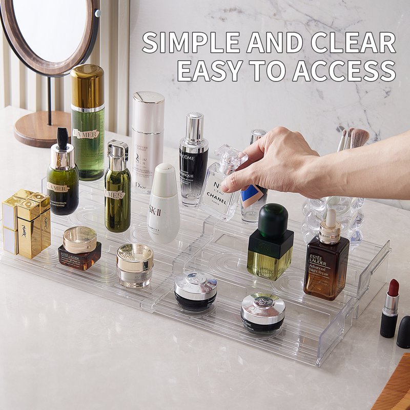 3-Tier Clear Display Riser Stand - Extendable Adjustable Shelf Organizer for Perfume, Cupcakes, Figures & More