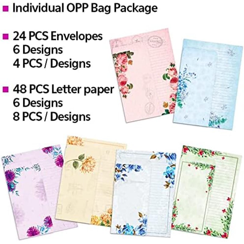 Vintage Floral Stationery Paper and Self-Sticking Envelopes Set 7x10 Inch