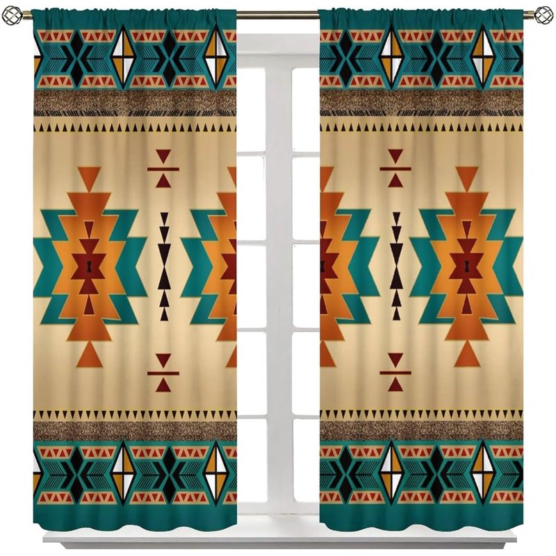 Southwestern Aztec Curtain Set - Geometric Boho Window Drapes for Living Room & Bedroom
