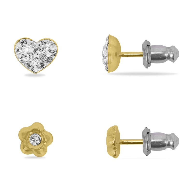 Children's Gold Filled Crystal Flower Heart Stud Earrings Set