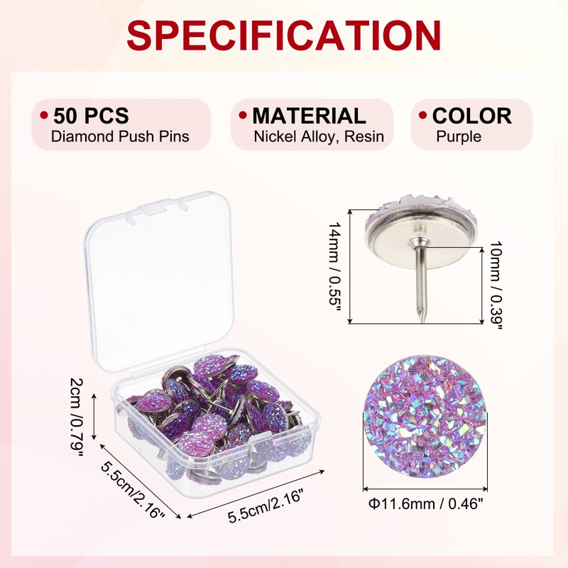 50 Pack Glitter Rhinestone Push Pins for Cork Boards Purple Decorative Thumb Tacks