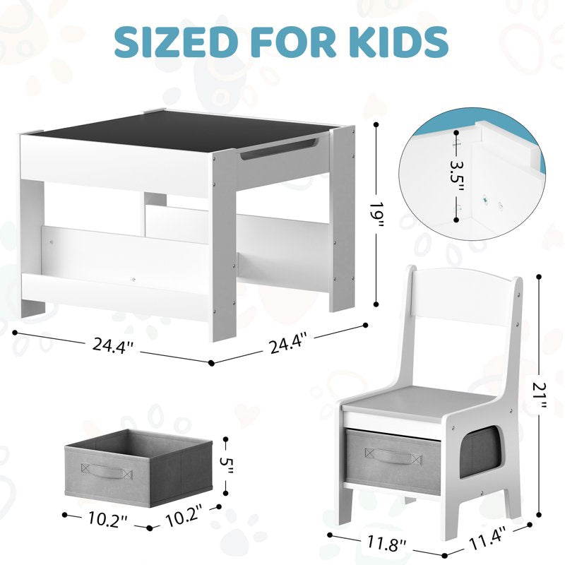 Kids Activity Table & Chairs Set with Storage & Reversible Blackboard