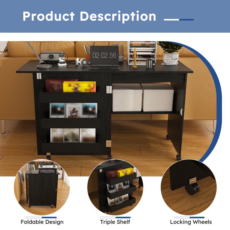 Multi-Functional Folding Sewing Table with Lockable Wheels and Storage Cabinets