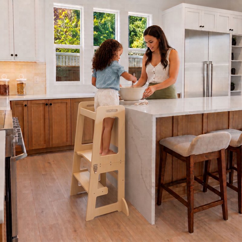 4-in-1 Toddler Kitchen & Learning Tower - Montessori Convertible Stool & Table