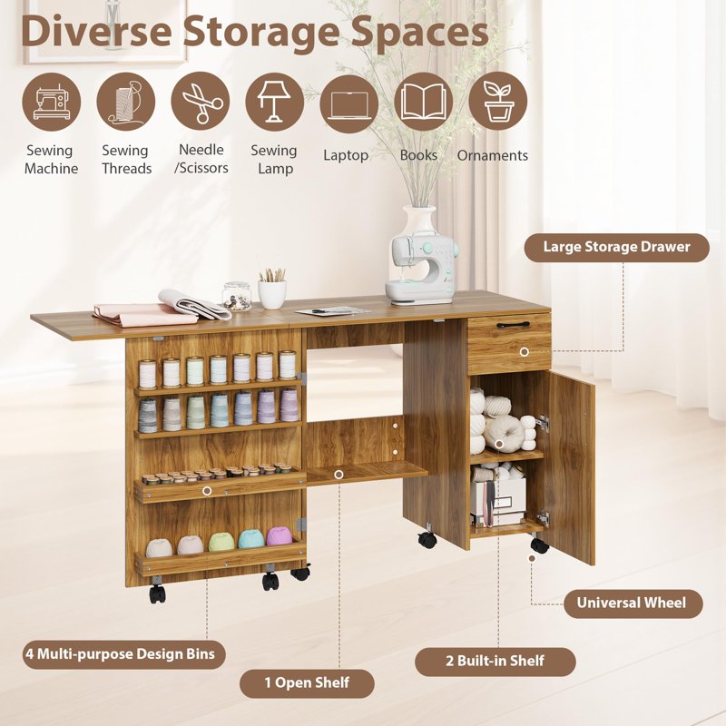 Foldable Sewing Machine Table with Storage Shelves and Lockable Wheels