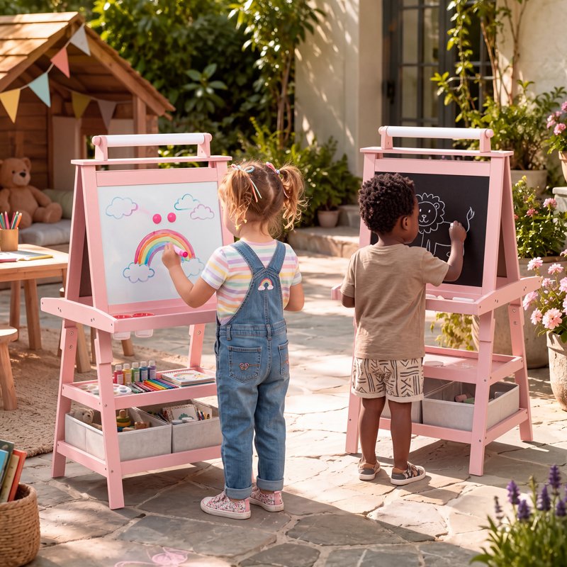 3-in-1 Kids Art Easel with Whiteboard Chalkboard and Paper Roll - Pink, Grey, White, Coffee
