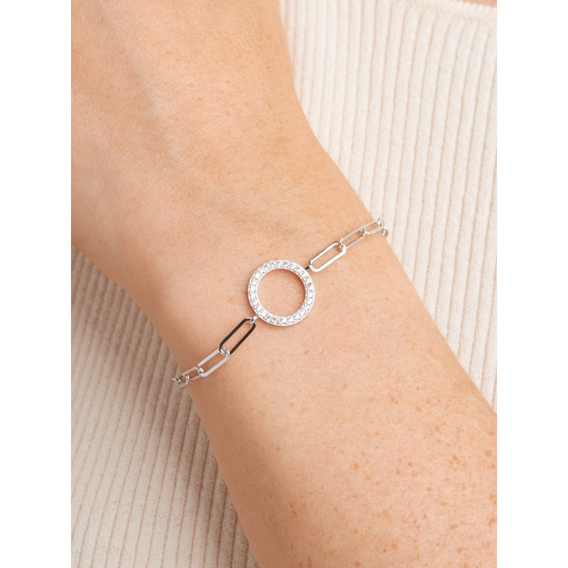 Sterling Silver CZ Circle Paperclip Bracelet - Adjustable 6.75" + 1.25" Extender