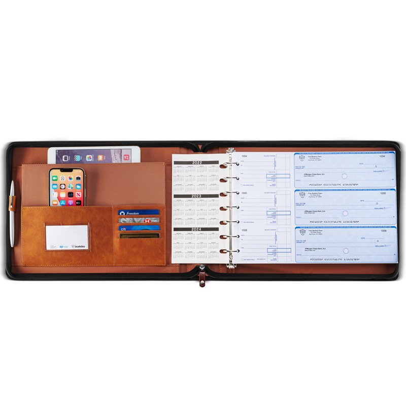 Check Binder Portfolio Organizer 7-Ring Capacity 9x13 Slim PU Leather