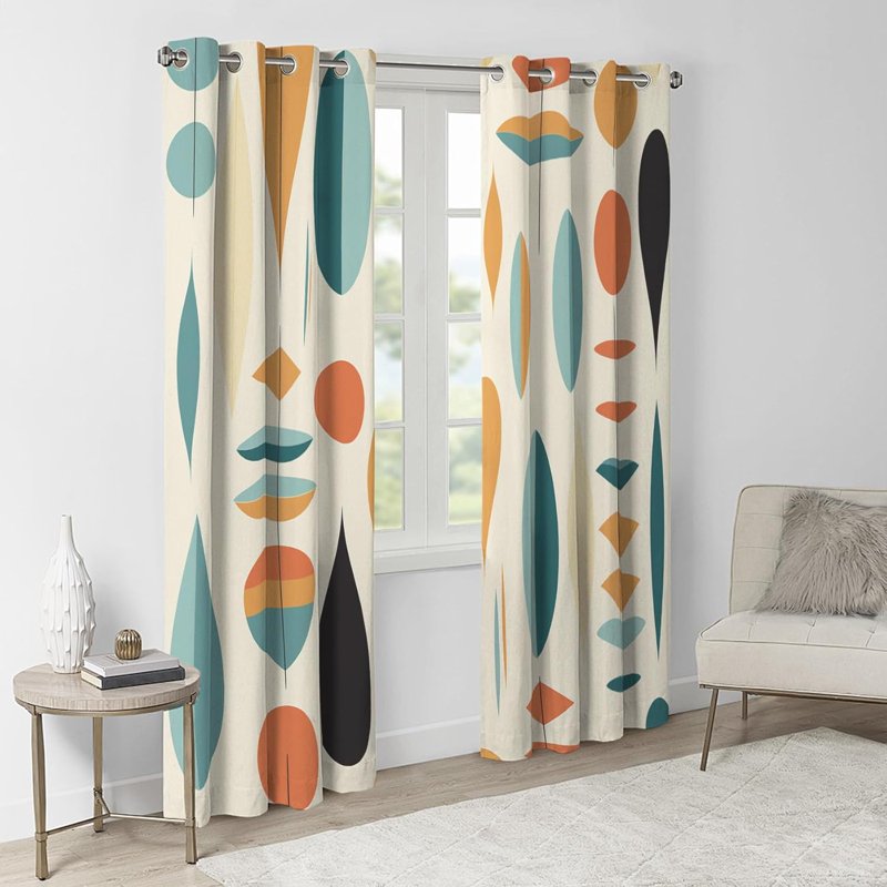 Blackout Curtains 2 Panel Set - Geometric Mid Century Modern Window Drapes