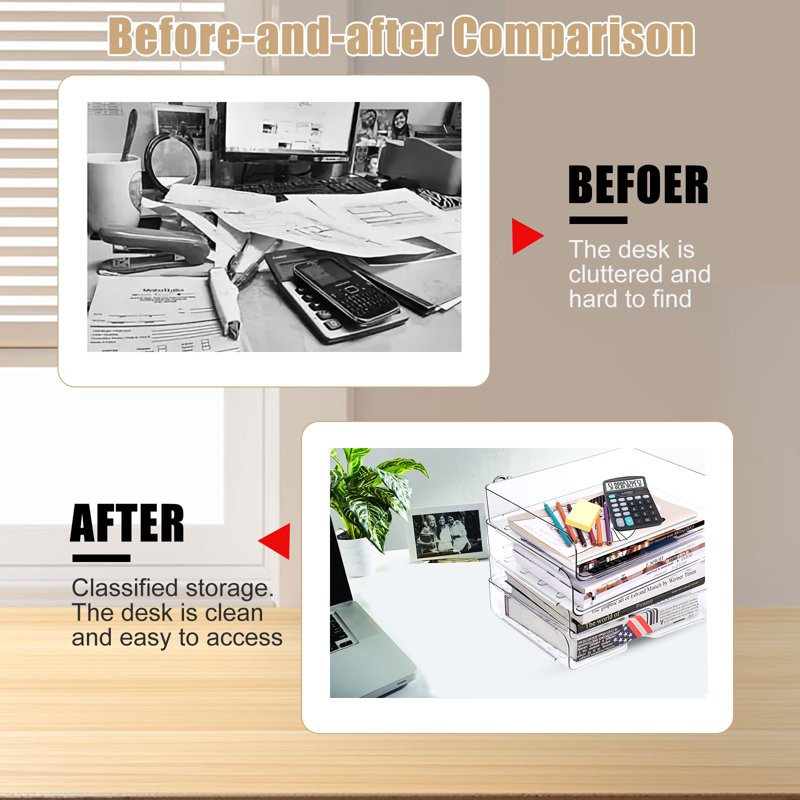 Stackable Desk Organizer Trays 4 Pack Clear Office Storage Sets