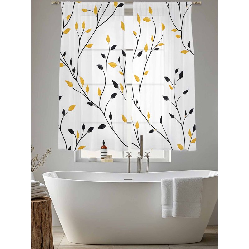 Yellow Black Leaves Sheer Curtains Set - 2 Panels, Multiple Sizes, Rustic Botanical Design
