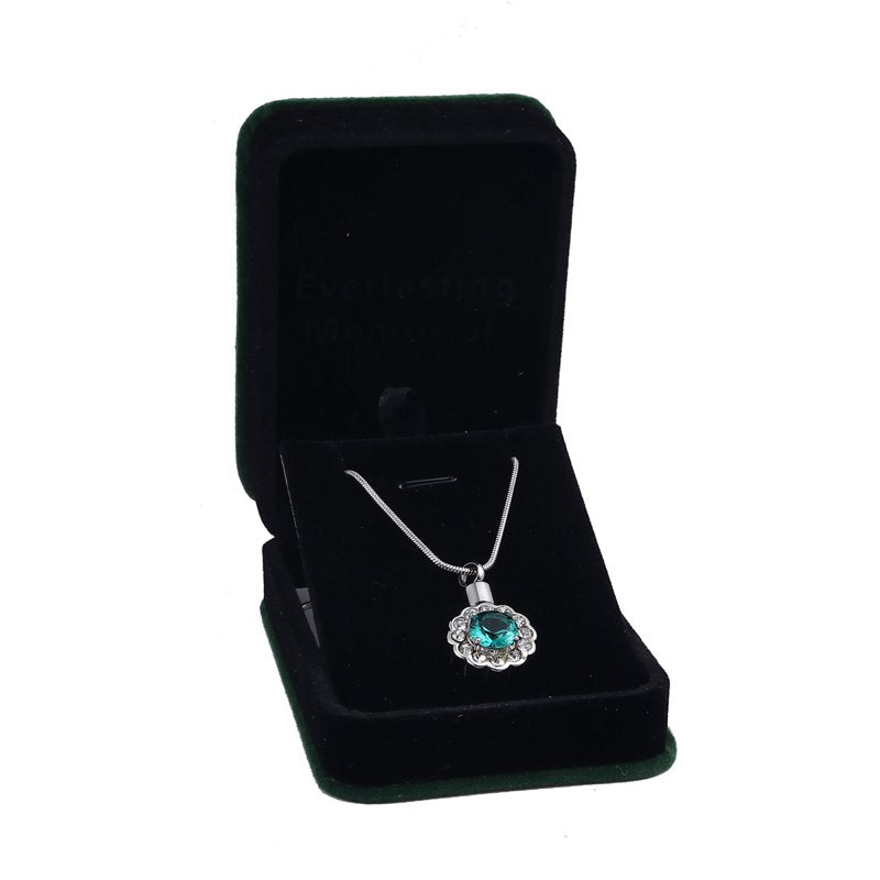 Green Crystal Rhinestone Flower Cremation Necklace Memorial Jewelry Keepsake Pendant