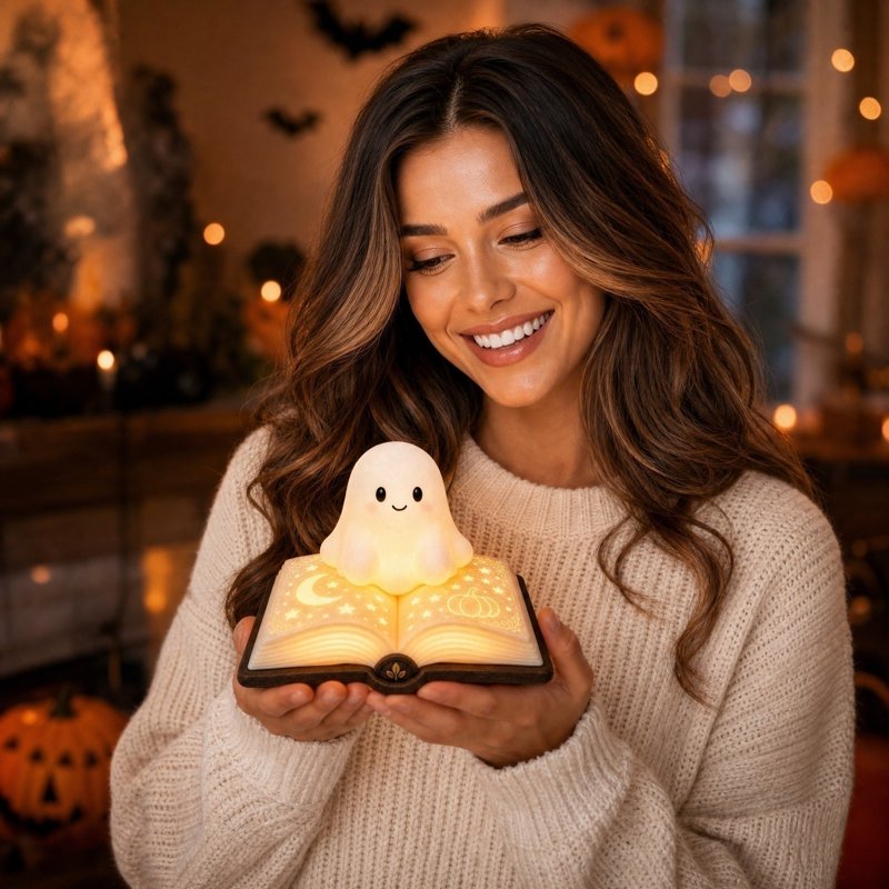 Halloween Ghost Night Light - Cute Ghost with Book Lamp for Home Decor