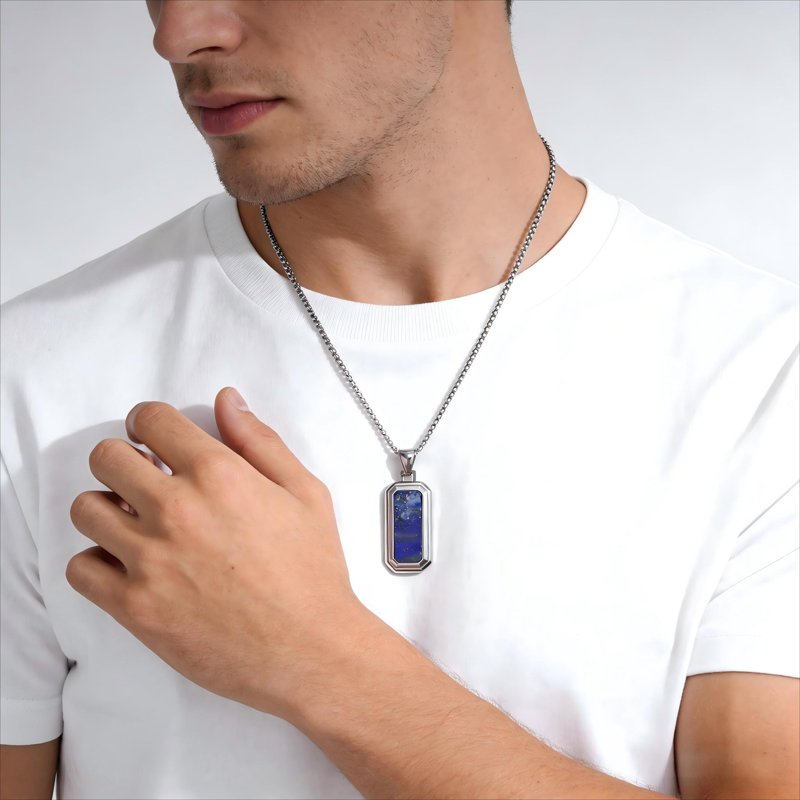 Lapis Lazuli Bead Pendant Necklace with Stainless Steel Chain – Natural Gem Jewelry