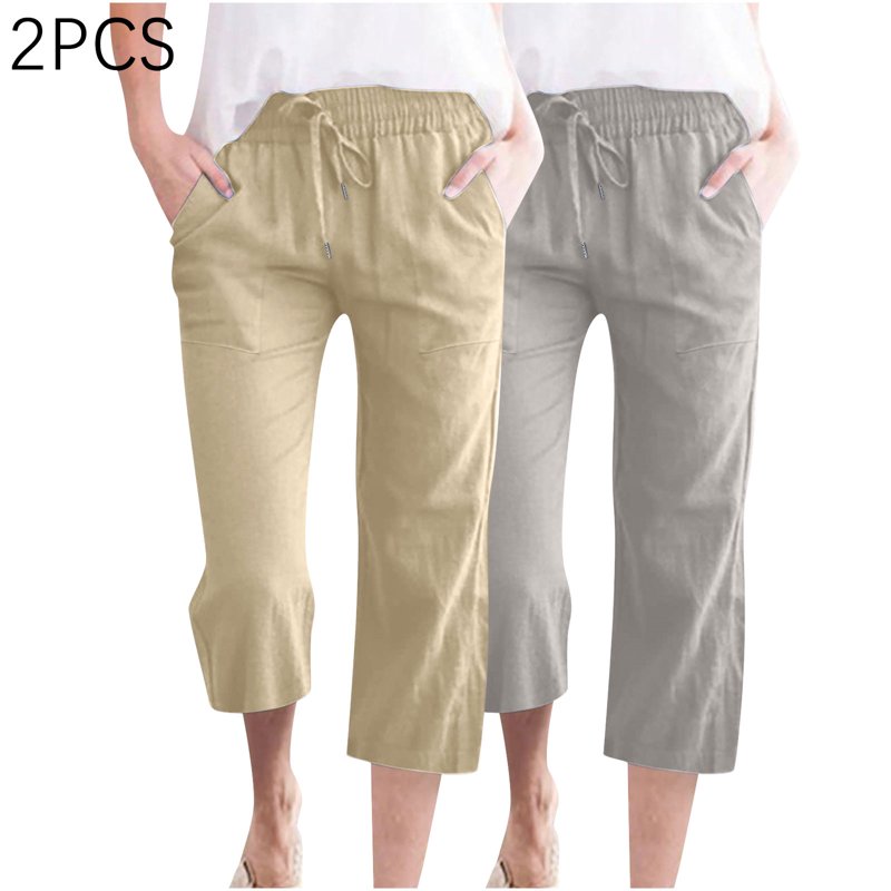 Women's Linen Capri Pants 2 Pack - Dressy Casual Elastic Waist Cropped Trousers