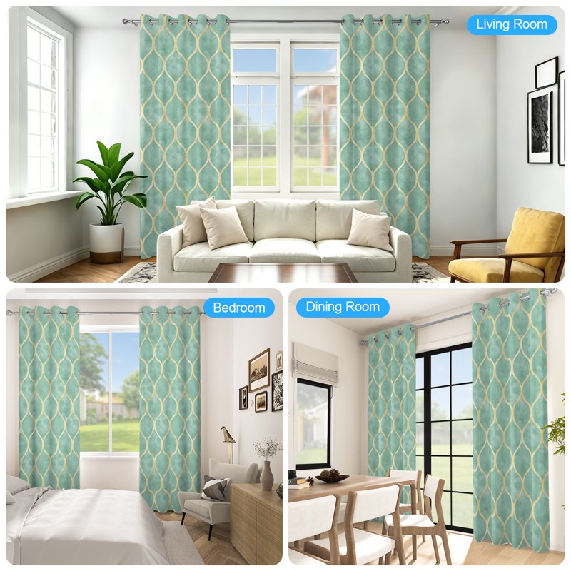 Blackout Curtains with Gold Geometric Design - Insulated Room Darkening Drapes