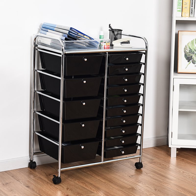 15-Drawer Rolling Cart with Wheels, Mobile Storage Organizer, Black