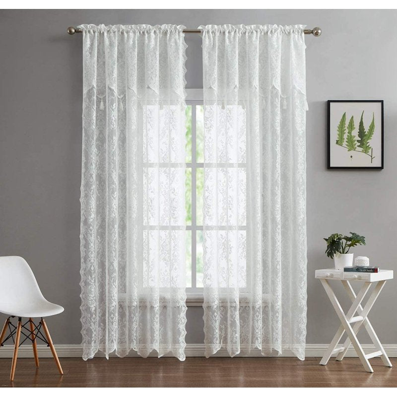 Semi Sheer Lace Curtains with Attached Valance for Home Windows - Ivory, 54"x96"