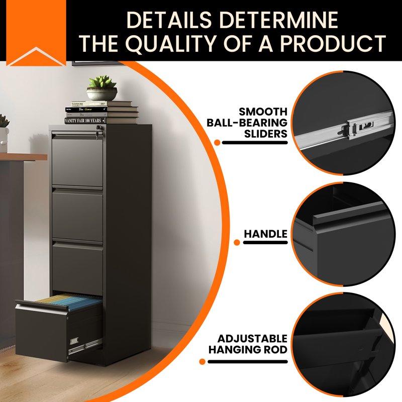 4-Drawer Locking Metal File Cabinet for Office Storage - Black