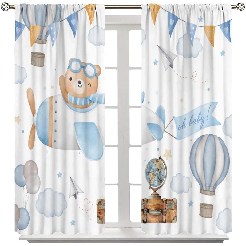 Kids Bedroom Curtains - Pastel Bear Cloud Adventure Window Drapes, 2 Panels