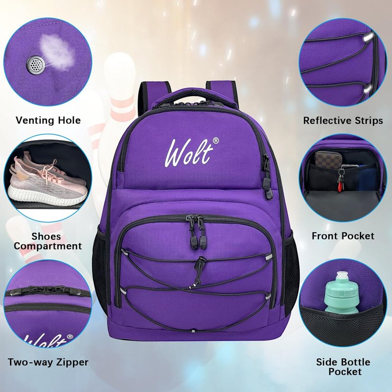 WOLT Purple Bowling Ball Backpack 2-Ball with Foam Padding & Shoe Compartment