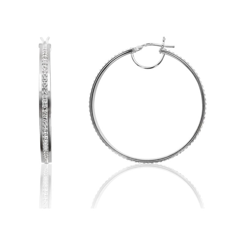 Sterling Silver Hoop Earrings with Crystals - Rhodium Plated Women's Jewelry